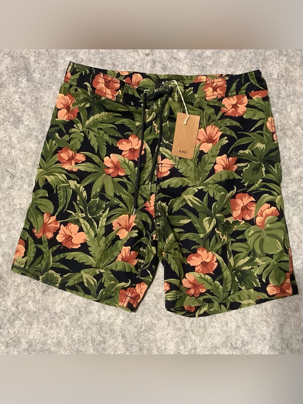 A.P.C. Men's Black Swim Shorts with Green Leaves & Coral Flowers NWT